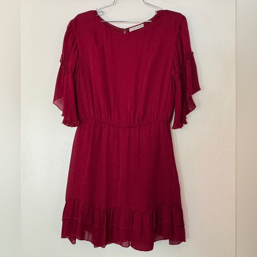 Alice + Olivia Berry Red 100% Silk Flutter Sleeve Mini Dress | Elastic Waist